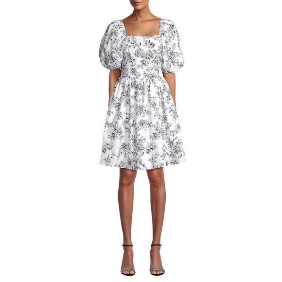 New RACHEL PARCELL Floral Poplin Fit & Flare Minidress Black White Sz 6 - Picture 15 of 15